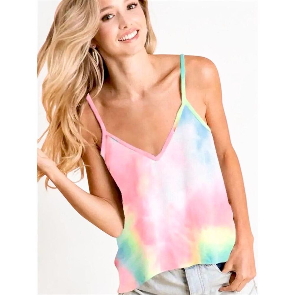 BiBi Pink Multi Tie Dye Cami Tank Top V-Neck Spaghetti Strap Summer Casual Top - Picture 2 of 8